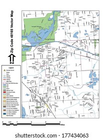 Vector map with summits, rivers, railroads, streets, lakes, parks, airports, stadiums, correctional facilities, military installations and federal lands by zip code 48165 with labels and clean layers.