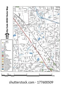 Vector map with summits, rivers, railroads, streets, lakes, parks, airports, stadiums, correctional facilities, military installations and federal lands by zip code 48304 with labels and clean layers.