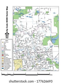 Vector map with summits, rivers, railroads, streets, lakes, parks, airports, stadiums, correctional facilities, military installations and federal lands by zip code 48306 with labels and clean layers.
