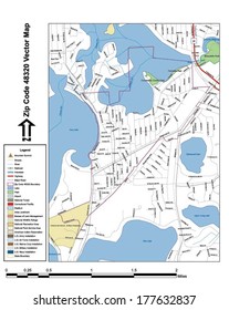 Vector map with summits, rivers, railroads, streets, lakes, parks, airports, stadiums, correctional facilities, military installations and federal lands by zip code 48320 with labels and clean layers.