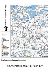 Vector map with summits, rivers, railroads, streets, lakes, parks, airports, stadiums, correctional facilities, military installations and federal lands by zip code 48322 with labels and clean layers.