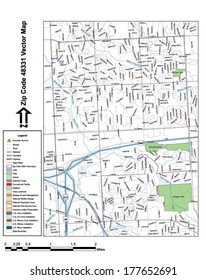Vector map with summits, rivers, railroads, streets, lakes, parks, airports, stadiums, correctional facilities, military installations and federal lands by zip code 48331 with labels and clean layers.
