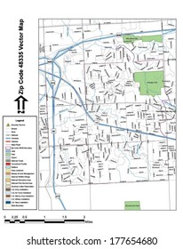 Vector map with summits, rivers, railroads, streets, lakes, parks, airports, stadiums, correctional facilities, military installations and federal lands by zip code 48335 with labels and clean layers.