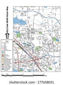 Vector map with summits, rivers, railroads, streets, lakes, parks, airports, stadiums, correctional facilities, military installations and federal lands by zip code 48340 with labels and clean layers.