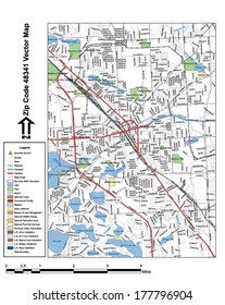 Vector map with summits, rivers, railroads, streets, lakes, parks, airports, stadiums, correctional facilities, military installations and federal lands by zip code 48341 with labels and clean layers.