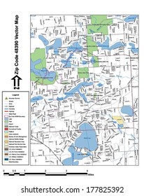 Vector map with summits, rivers, railroads, streets, lakes, parks, airports, stadiums, correctional facilities, military installations and federal lands by zip code 48390 with labels and clean layers.