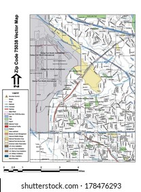 Vector Map With Summits, Rivers, Railroads, Streets, Lakes, Parks, Airports, Stadiums, Correctional Facilities, Military Installations And Federal Lands By Zip Code 75038 With Labels And Clean Layers.