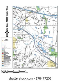 Vector map with summits, rivers, railroads, streets, lakes, parks, airports, stadiums, correctional facilities, military installations and federal lands by zip code 75039 with labels and clean layers.