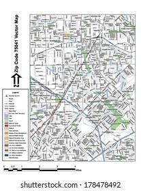 Vector map with summits, rivers, railroads, streets, lakes, parks, airports, stadiums, correctional facilities, military installations and federal lands by zip code 75041 with labels and clean layers.