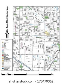 Vector map with summits, rivers, railroads, streets, lakes, parks, airports, stadiums, correctional facilities, military installations and federal lands by zip code 75042 with labels and clean layers.