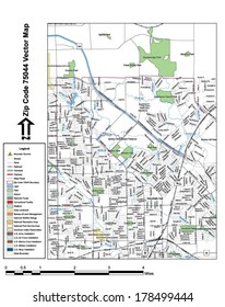 Vector map with summits, rivers, railroads, streets, lakes, parks, airports, stadiums, correctional facilities, military installations and federal lands by zip code 75044 with labels and clean layers.