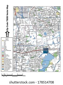 Vector map with summits, rivers, railroads, streets, lakes, parks, airports, stadiums, correctional facilities, military installations and federal lands by zip code 75050 with labels and clean layers.