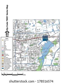Vector map with summits, rivers, railroads, streets, lakes, parks, airports, stadiums, correctional facilities, military installations and federal lands by zip code 75051 with labels and clean layers.