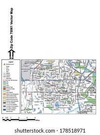 Vector map with summits, rivers, railroads, streets, lakes, parks, airports, stadiums, correctional facilities, military installations and federal lands by zip code 75061 with labels and clean layers.