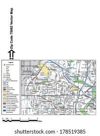 Vector map with summits, rivers, railroads, streets, lakes, parks, airports, stadiums, correctional facilities, military installations and federal lands by zip code 75062 with labels and clean layers.