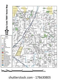 Vector map with summits, rivers, railroads, streets, lakes, parks, airports, stadiums, correctional facilities, military installations and federal lands by zip code 75081 with labels and clean layers.