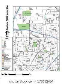 Vector map with summits, rivers, railroads, streets, lakes, parks, airports, stadiums, correctional facilities, military installations and federal lands by zip code 75116 with labels and clean layers.