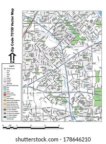Vector map with summits, rivers, railroads, streets, lakes, parks, airports, stadiums, correctional facilities, military installations and federal lands by zip code 75150 with labels and clean layers.
