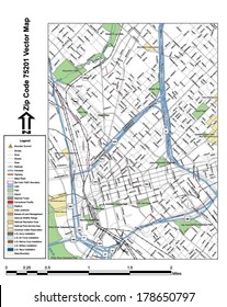 Vector Map With Summits, Rivers, Railroads, Streets, Lakes, Parks, Airports, Stadiums, Correctional Facilities, Military Installations And Federal Lands By Zip Code 75201 With Labels And Clean Layers.