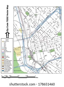 Vector Map With Summits, Rivers, Railroads, Streets, Lakes, Parks, Airports, Stadiums, Correctional Facilities, Military Installations And Federal Lands By Zip Code 75202 With Labels And Clean Layers.