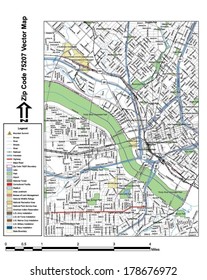 Vector Map With Summits, Rivers, Railroads, Streets, Lakes, Parks, Airports, Stadiums, Correctional Facilities, Military Installations And Federal Lands By Zip Code 75207 With Labels And Clean Layers.