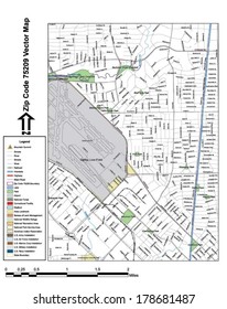 Vector map with summits, rivers, railroads, streets, lakes, parks, airports, stadiums, correctional facilities, military installations and federal lands by zip code 75209 with labels and clean layers.