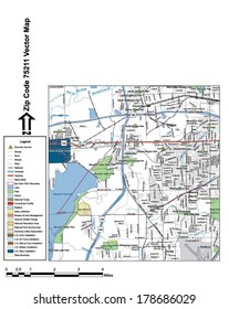 Vector map with summits, rivers, railroads, streets, lakes, parks, airports, stadiums, correctional facilities, military installations and federal lands by zip code 75211 with labels and clean layers.