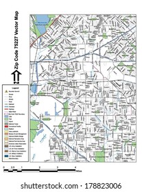 Vector map with summits, rivers, railroads, streets, lakes, parks, airports, stadiums, correctional facilities, military installations and federal lands by zip code 75227 with labels and clean layers.