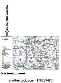 Vector map with summits, rivers, railroads, streets, lakes, parks, airports, stadiums, correctional facilities, military installations and federal lands by zip code 75229 with labels and clean layers.