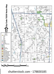 Vector map with summits, rivers, railroads, streets, lakes, parks, airports, stadiums, correctional facilities, military installations and federal lands by zip code 75230 with labels and clean layers.