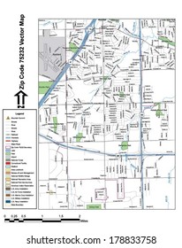 Vector map with summits, rivers, railroads, streets, lakes, parks, airports, stadiums, correctional facilities, military installations and federal lands by zip code 75232 with labels and clean layers.