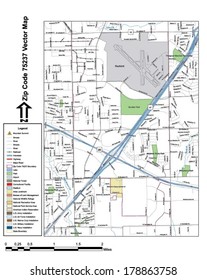 Vector map with summits, rivers, railroads, streets, lakes, parks, airports, stadiums, correctional facilities, military installations and federal lands by zip code 75237 with labels and clean layers.
