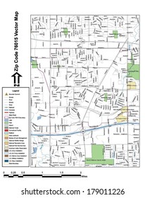 Vector Map With Summits, Rivers, Railroads, Streets, Lakes, Parks, Airports, Stadiums, Correctional Facilities, Military Installations And Federal Lands By Zip Code 76015 With Labels And Clean Layers.