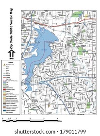 Vector Map With Summits, Rivers, Railroads, Streets, Lakes, Parks, Airports, Stadiums, Correctional Facilities, Military Installations And Federal Lands By Zip Code 76016 With Labels And Clean Layers.