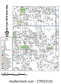 Vector map with summits, rivers, railroads, streets, lakes, parks, airports, stadiums, correctional facilities, military installations and federal lands by zip code 76018 with labels and clean layers.