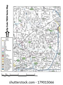 Vector map with summits, rivers, railroads, streets, lakes, parks, airports, stadiums, correctional facilities, military installations and federal lands by zip code 76034 with labels and clean layers.