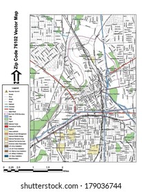 Vector Map With Summits, Rivers, Railroads, Streets, Lakes, Parks, Airports, Stadiums, Correctional Facilities, Military Installations And Federal Lands By Zip Code 76102 With Labels And Clean Layers.