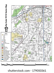 Vector map with summits, rivers, railroads, streets, lakes, parks, airports, stadiums, correctional facilities, military installations and federal lands by zip code 76110 with labels and clean layers.