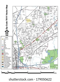 Vector map with summits, rivers, railroads, streets, lakes, parks, airports, stadiums, correctional facilities, military installations and federal lands by zip code 76111 with labels and clean layers.