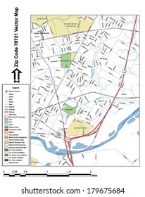 Vector Map With Summits, Rivers, Railroads, Streets, Lakes, Parks, Airports, Stadiums, Correctional Facilities, Military Installations And Federal Lands By Zip Code 78721 With Labels And Clean Layers.