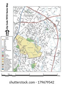 Vector map with summits, rivers, railroads, streets, lakes, parks, airports, stadiums, correctional facilities, military installations and federal lands by zip code 78723 with labels and clean layers.