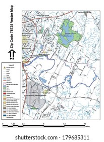 Vector map with summits, rivers, railroads, streets, lakes, parks, airports, stadiums, correctional facilities, military installations and federal lands by zip code 78725 with labels and clean layers.