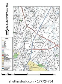 Vector map with summits, rivers, railroads, streets, lakes, parks, airports, stadiums, correctional facilities, military installations and federal lands by zip code 78752 with labels and clean layers.
