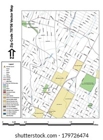 Vector map with summits, rivers, railroads, streets, lakes, parks, airports, stadiums, correctional facilities, military installations and federal lands by zip code 78756 with labels and clean layers.