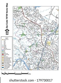 Vector Map With Summits, Rivers, Railroads, Streets, Lakes, Parks, Airports, Stadiums, Correctional Facilities, Military Installations And Federal Lands By Zip Code 78759 With Labels And Clean Layers.