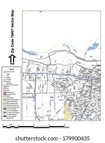 Vector map with summits, rivers, railroads, streets, lakes, parks, airports, stadiums, correctional facilities, military installations and federal lands by zip code 78407 with labels and clean layers.
