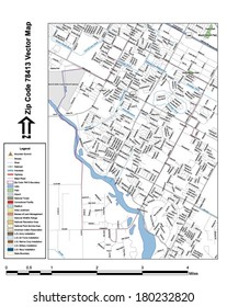 Vector map with summits, rivers, railroads, streets, lakes, parks, airports, stadiums, correctional facilities, military installations and federal lands by zip code 78413 with labels and clean layers.