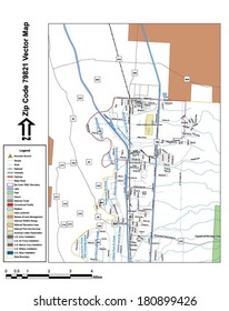 Vector map with summits, rivers, railroads, streets, lakes, parks, airports, stadiums, correctional facilities, military installations and federal lands by zip code 79821 with labels and clean layers.