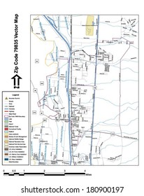 Vector map with summits, rivers, railroads, streets, lakes, parks, airports, stadiums, correctional facilities, military installations and federal lands by zip code 78935 with labels and clean layers.