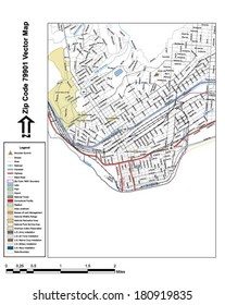 Vector map with summits, rivers, railroads, streets, lakes, parks, airports, stadiums, correctional facilities, military installations and federal lands by zip code 79901 with labels and clean layers.